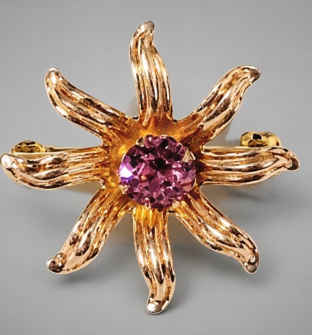 Van Dell‎ 1/20 12KGF Flower Brooch Pin Small 7/8" Pink Rhinestone Vintage fb1-18